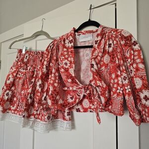 Vibrant Red Floral Tie-Front Set
